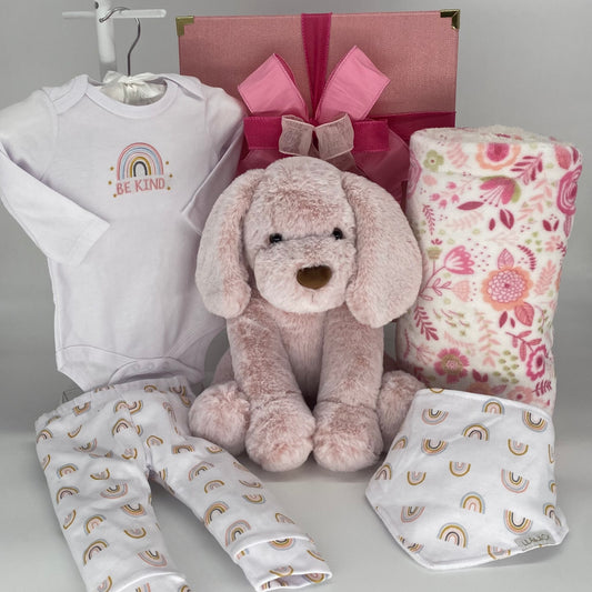 Be Kind Rainbow Collection - sweet 3 piece collection which includes a Be Kind long sleeve onesie, a pair of rainbow pants and coordinating bandana style bib