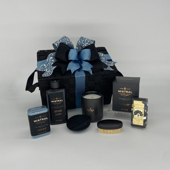 Cedarwood Marine Men's Collection ncludes Extra-Rich Body Wash, Luxury Soap, Scented Candle & Beechwood Nail Brush