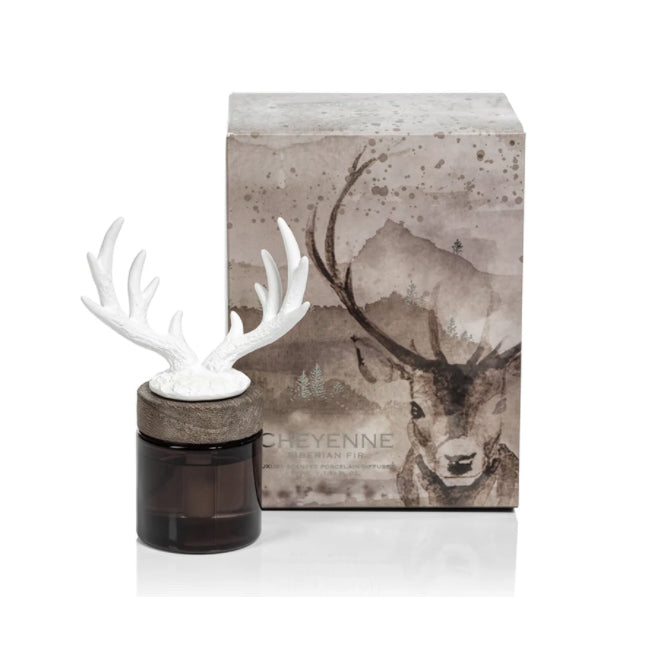Cheyenne Mini Porcelain Diffuser nature-inspired porcelain diffuser will add a cozy, lodge vibe to any space with its design as well as its fragrance. Siberian Fir has notes of Fir Needle, Pine, Clove Leaf, Eucalyptus, Juniper, Cedarwood & Sandalwood.