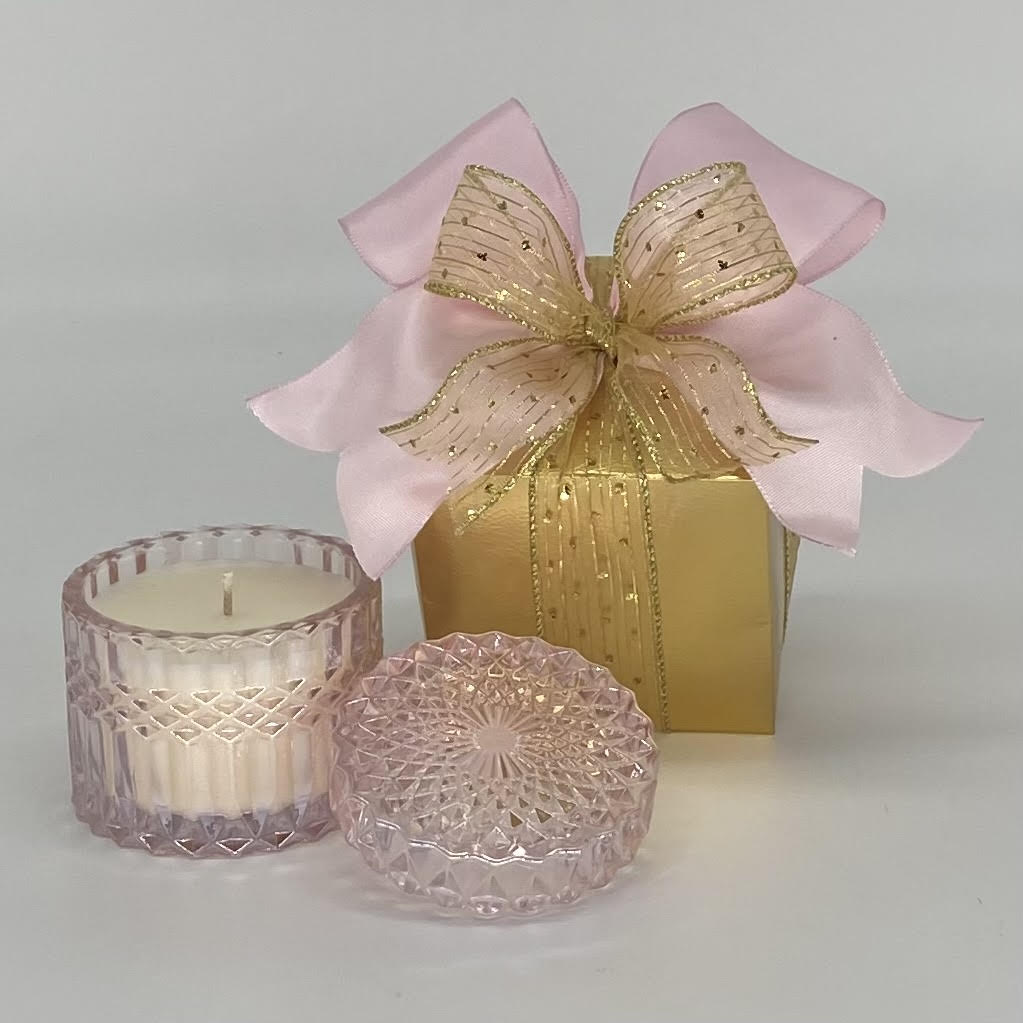 Twilight Shimmer Candle - 8 oz. Diamond-Cut Glass Candles are exquisite! Available in Island Blossom (Pink) and Peony (Soft Pink)