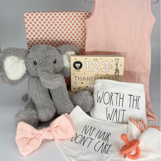 Welcome to the World Collection includes a sweet 100% cotton jumper (size 3-6 mos.) with a matching headband, a cute & cuddly elephant, a 2-in-1 pacifier & teether
